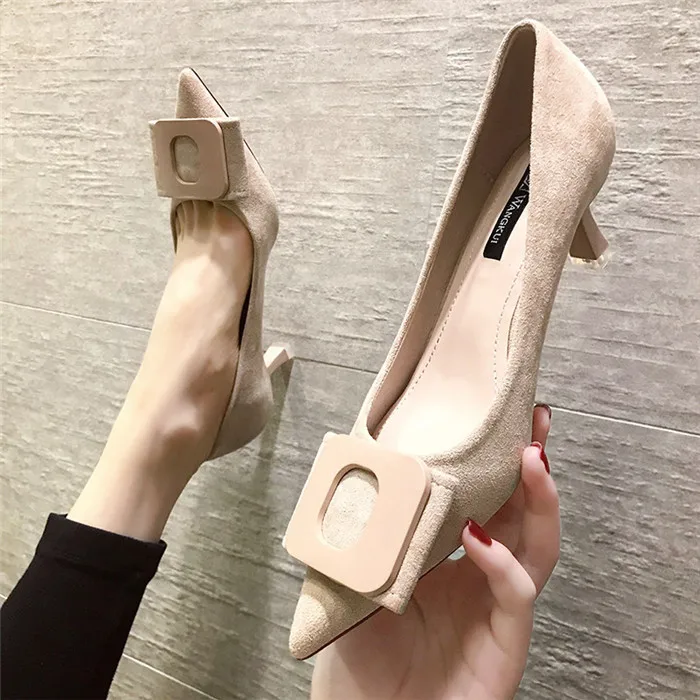 

Pointed high heels women's stiletto heel 2021 new sexy girl square buckle shallow mouth office high heels shoes, Black, blue, khaki