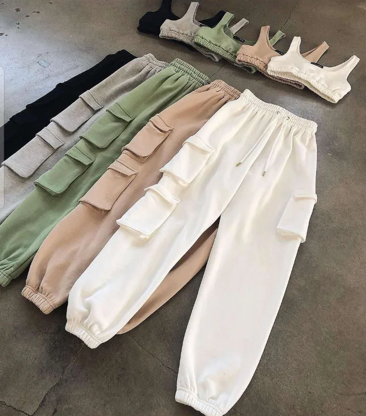 

Cusrom logo women 2 piece knit cotton jogger with pockets and tank crop top set