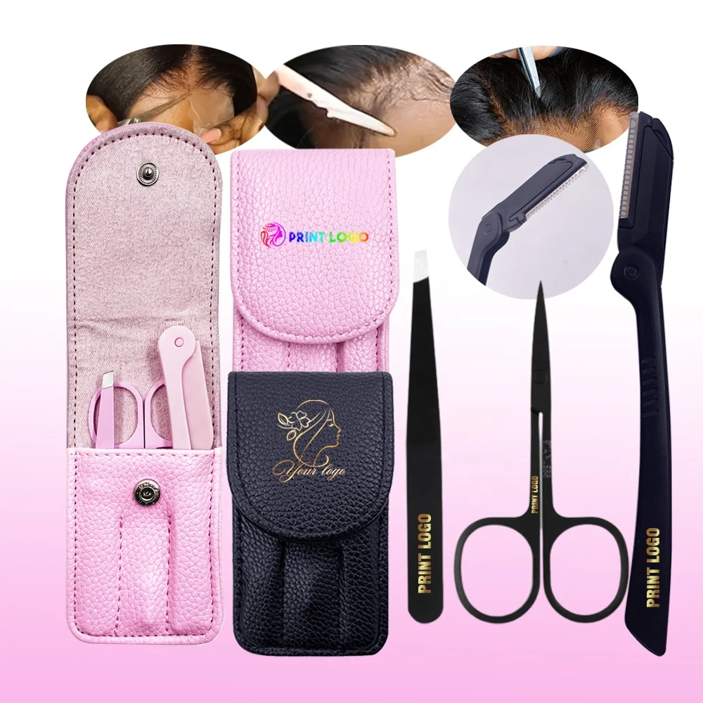 

Private label cut lace scissors Razors wig pre-plucked hairline tweezers lace frontals install 3 in 1 tools set