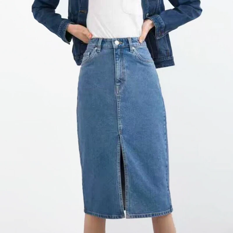 

Denim Sheath Wrap Skirts 2020 Spring Summer New High Waist Pencil Midi Skirt Front Split Skirts Womens