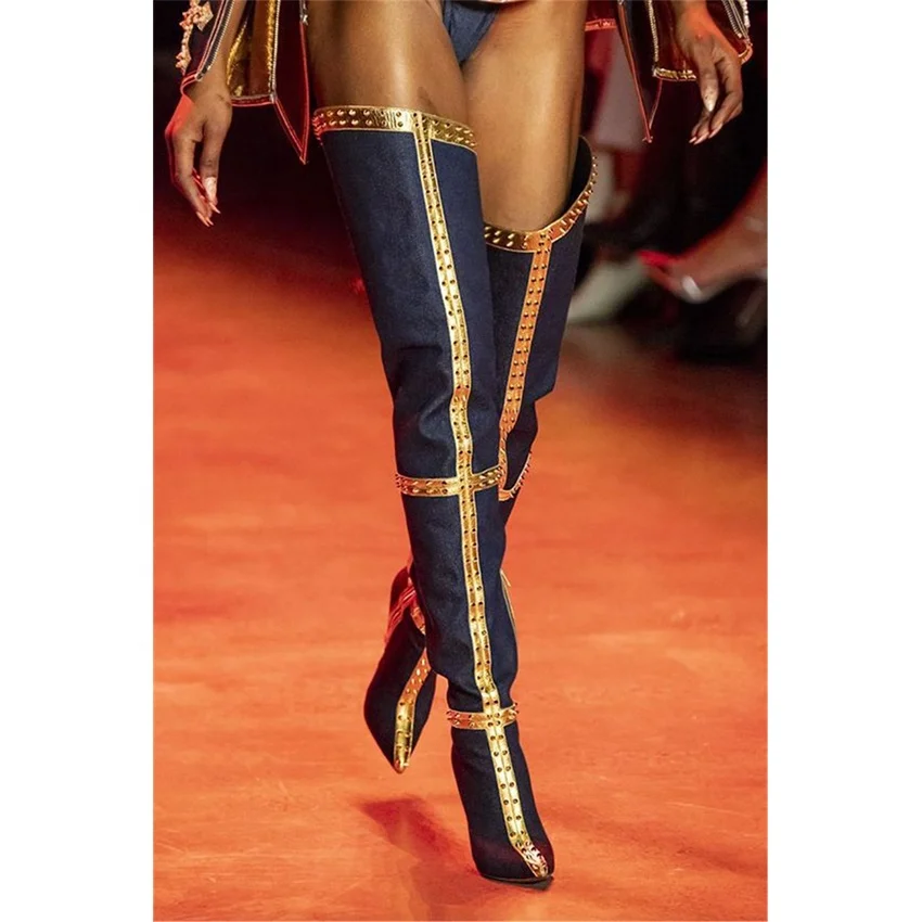 

Large Size 47 Women's Pointed Toe Thigh High Boots Metal Rivets Microfiber Leather High Stiletto Heels Over Knee High Boots, Blue