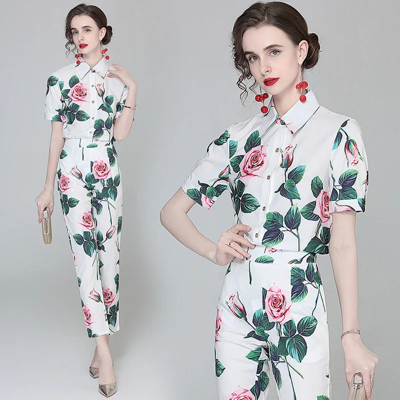 

Droma in stock good quality factory directly sale blouse with long pants fashion trending women clothes summer two piece set, Picture color