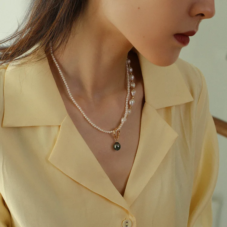 

H01018 Elegant freshwater pearl asymmetric stitching necklace female simple bead necklace black baroque bracelet 2021, 18k gold