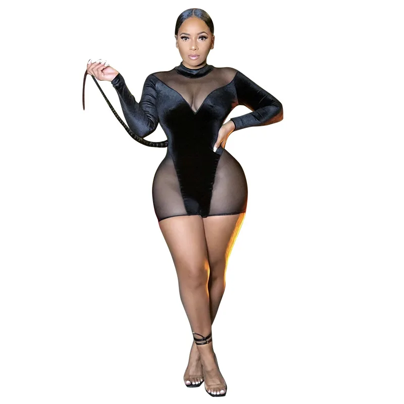 

See Through Bodycon Jumpsuit for Women - Velvet One Piece Outfits Sheer Mesh Clubwear Jumpsuit Rompers