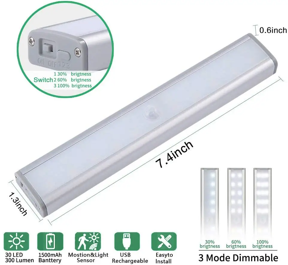 Usb Charging 30 Led Remote Control PIR Motion Sensor Wireless Under Cabinet Closet Cupboard Shelf Night Lights