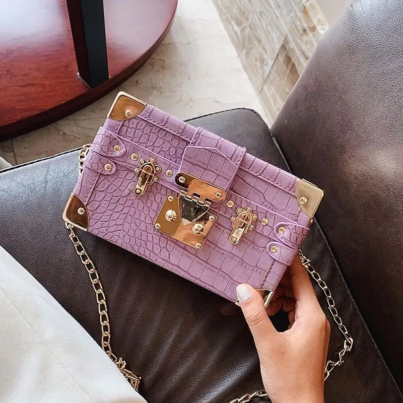 

New Design Stone Pattern Box Style Women Sling Purse Bag Crossbody Shoulder Clutch Handbags with Chain