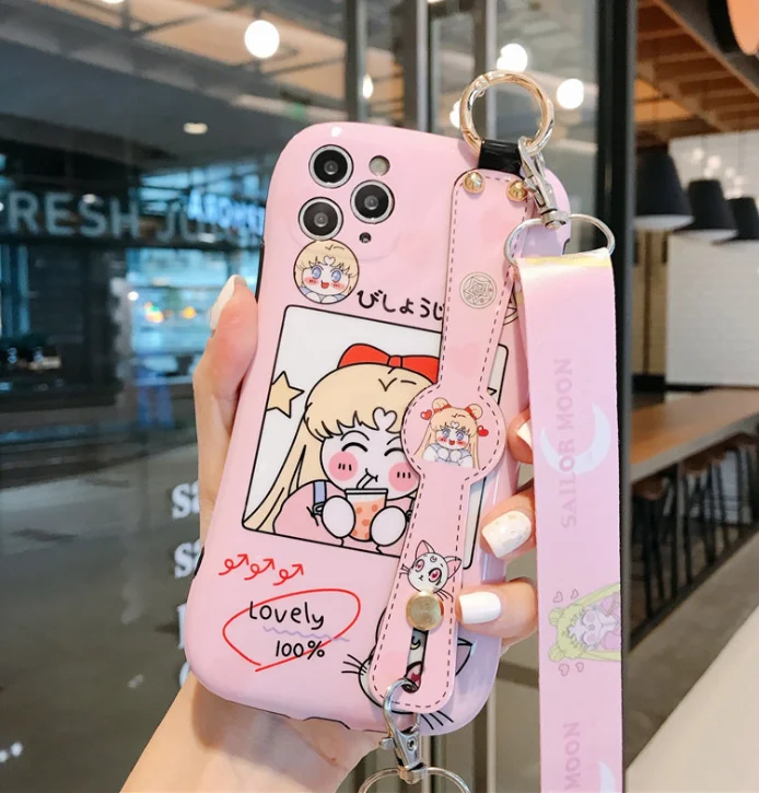 

Sailor moon Anime lanyard strap necklace stand phone Case For iphone 12 pro max 12 Mini 11 XS X Cover free shipping, Colorful