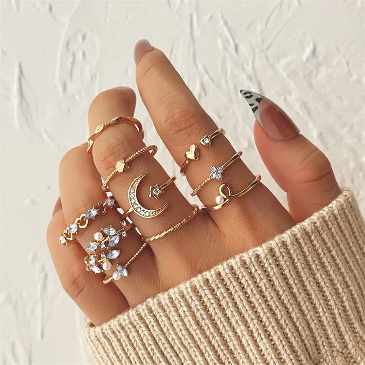 

VKME Bohemian Vintage Wedding Festival Stars Moon Luxury Rhinestone Crystal Stainless Steel Jewelry Ring Set For Women