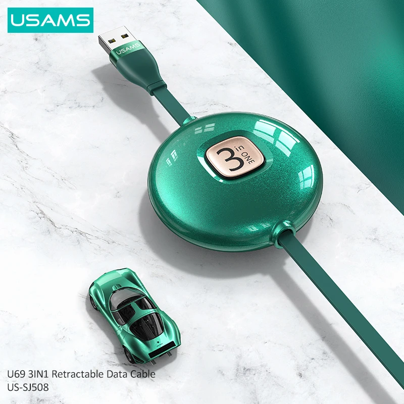 

USAMS Amazon 2021 New 3IN1 Retractable USB Charging Cable Data Transmission Cable Anti-pull For Lighting/Micro/Type-C Ports, Black/blue/green