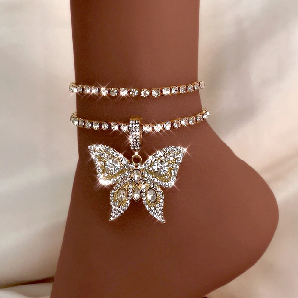 

Fancy Iced Out Double Layered Gold Diamond Bracelet On The Leg Large Animal Butterfly Pendent Anklet, Gold,silver color