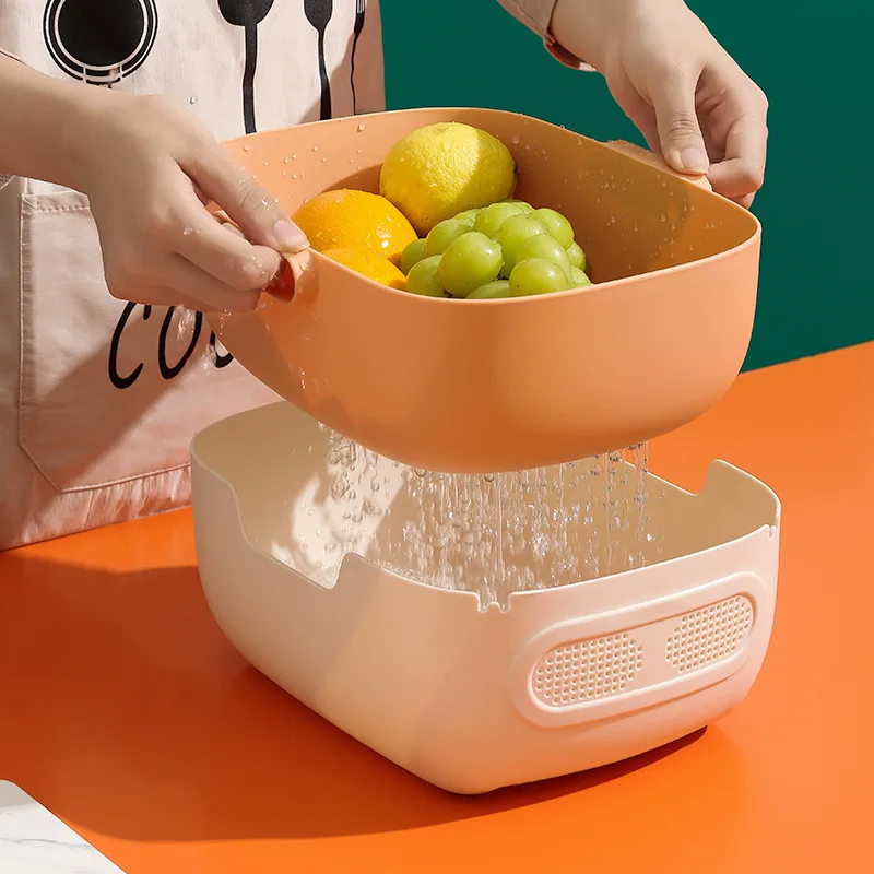 

Cute Design Double Layer Washing Draining 2 in 1 Kitchen Fruit Vegetable Strainer Detachable Plastic Colander Drain Basket, 3 colors