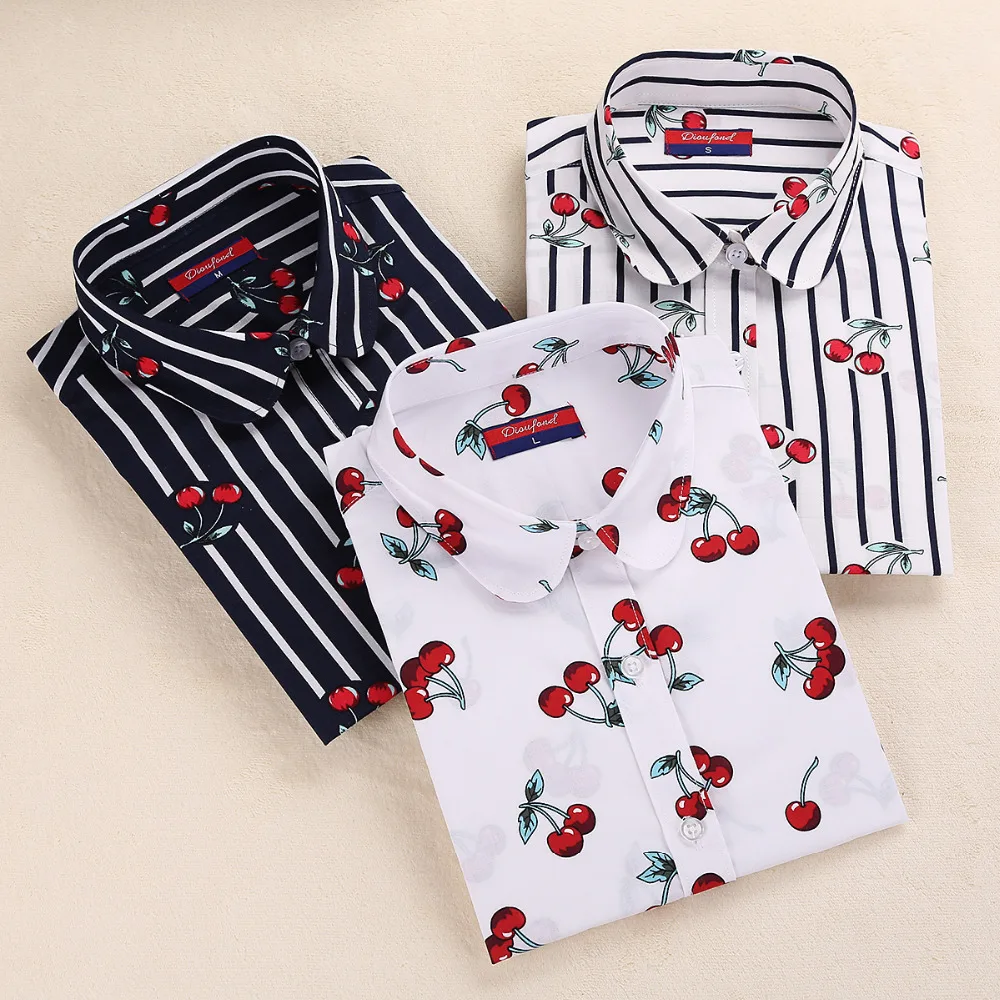 

Wholesale Women Cherry Blouses Long Sleeve Shirt Turn Down Collar Floral Blouse Plus Size 5XL Women Vintage Cotton Shirt