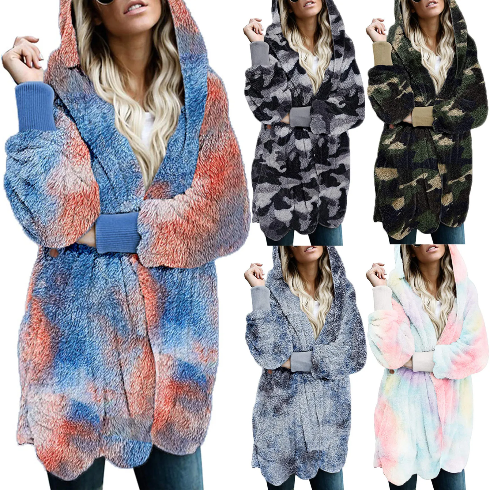 

Wholesale Womens Tie Dye Boutique Clothing Casual Women Clothing Ladies Velour Faux Fur Long Coats, As pics