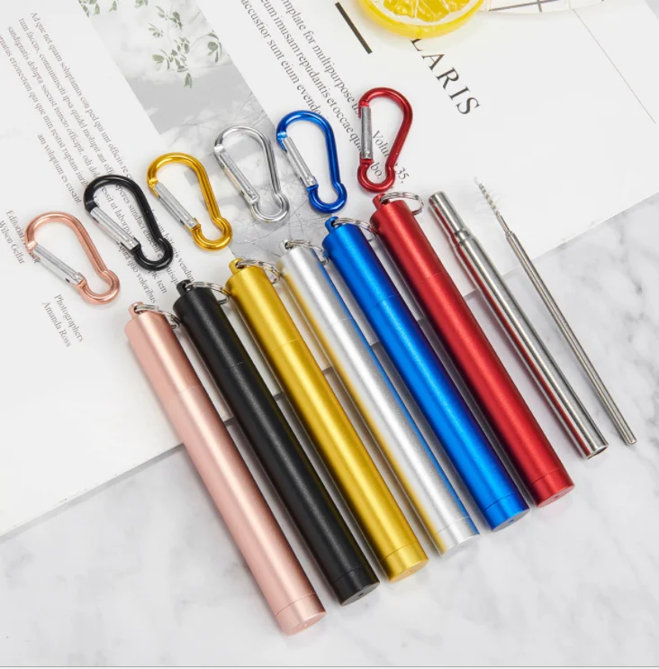 

Reusable metal collapsible straw set 304 stainless steel drinking straw with case telescopic straw, Silver, rose gold, gold, black, rainbow, blue, purple, etc.