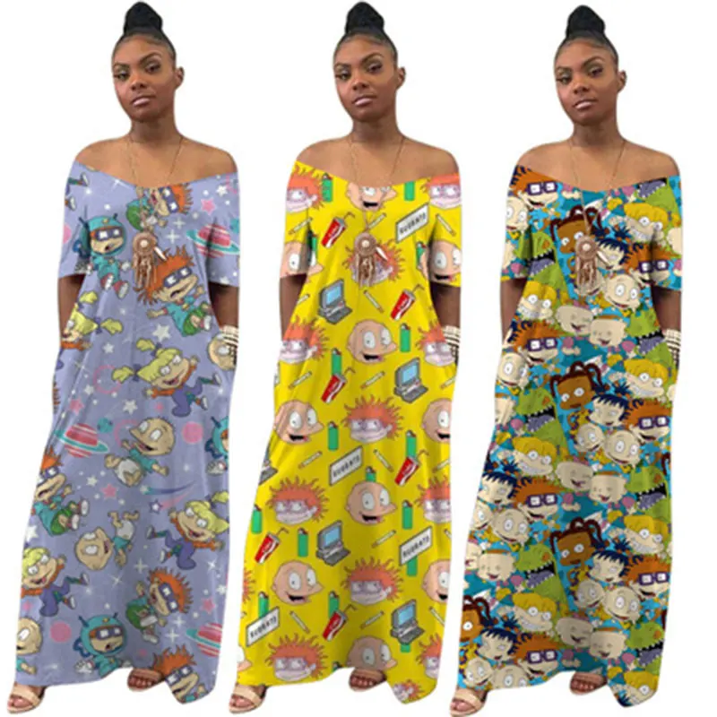 

Wholesale New Arrival Casual Women Loose Short Sleeve Cartoon Print Loose V-Neck Dress Maxi Long Girls' Dresses Fashion, Picture