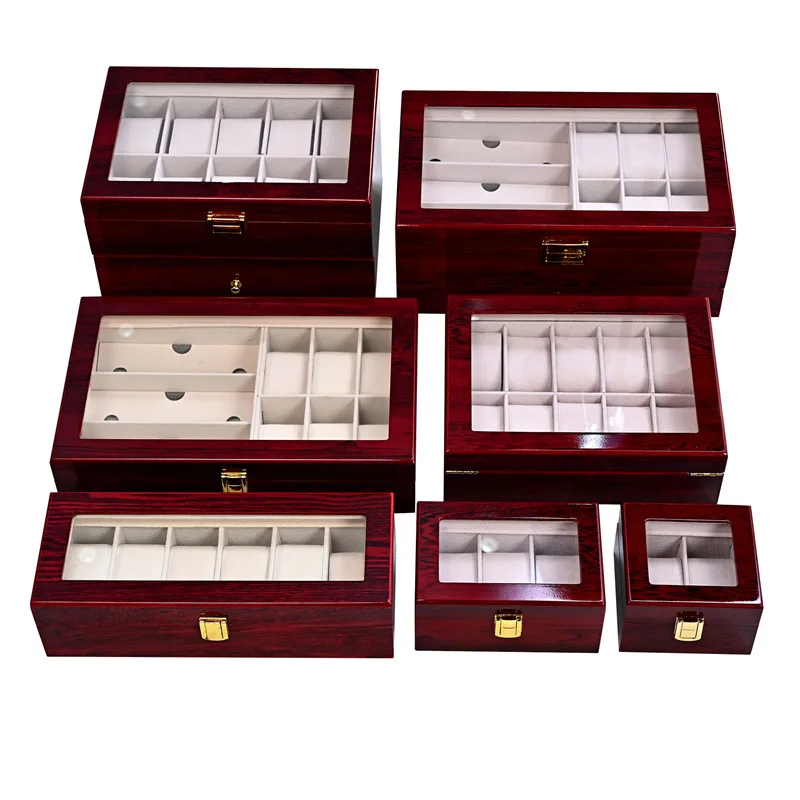 

Wholesale glass display 2 3 6 10 12 20slots red black painted wooden wrist watch box, Claret,pantone as well as cmyk