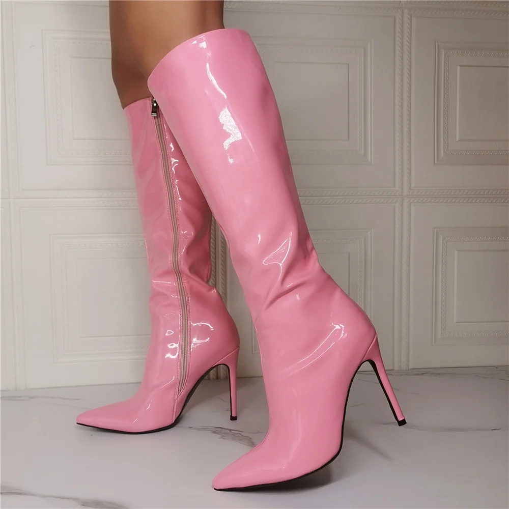 

Pointy Toe Cute Pink Women Boots Calf High Patent Leather High-heeled Shoes Long Knee Booty Wide Leg Feet Size 14