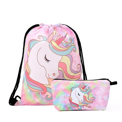 

2021 New drawstring bag set unicorn shopping 3D printing handbag set Custom pattern backpack, 6 colors