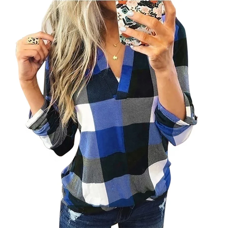 

Ladies Plaid Pullover Shirt Printing V-neck Long-sleeved Shirt Women's Plus Size Shirts for women