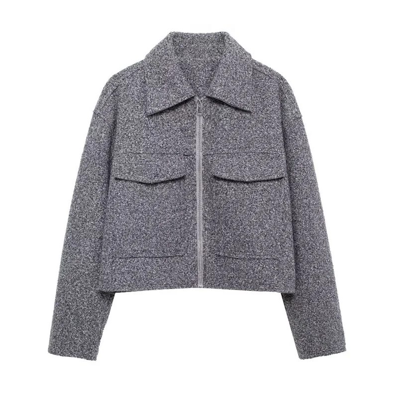 ZATRHMBM  Winter Women's Short Jacket Coat 2024 New Fashion Long Sleeve Overcoat Warm Pocket Zipper Lapel Casual Outwear Tops