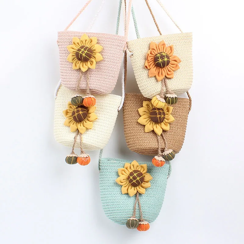 

New summer girl bag Korean children cross-body bags fashion kid straw pocket sun flower wallet child bags