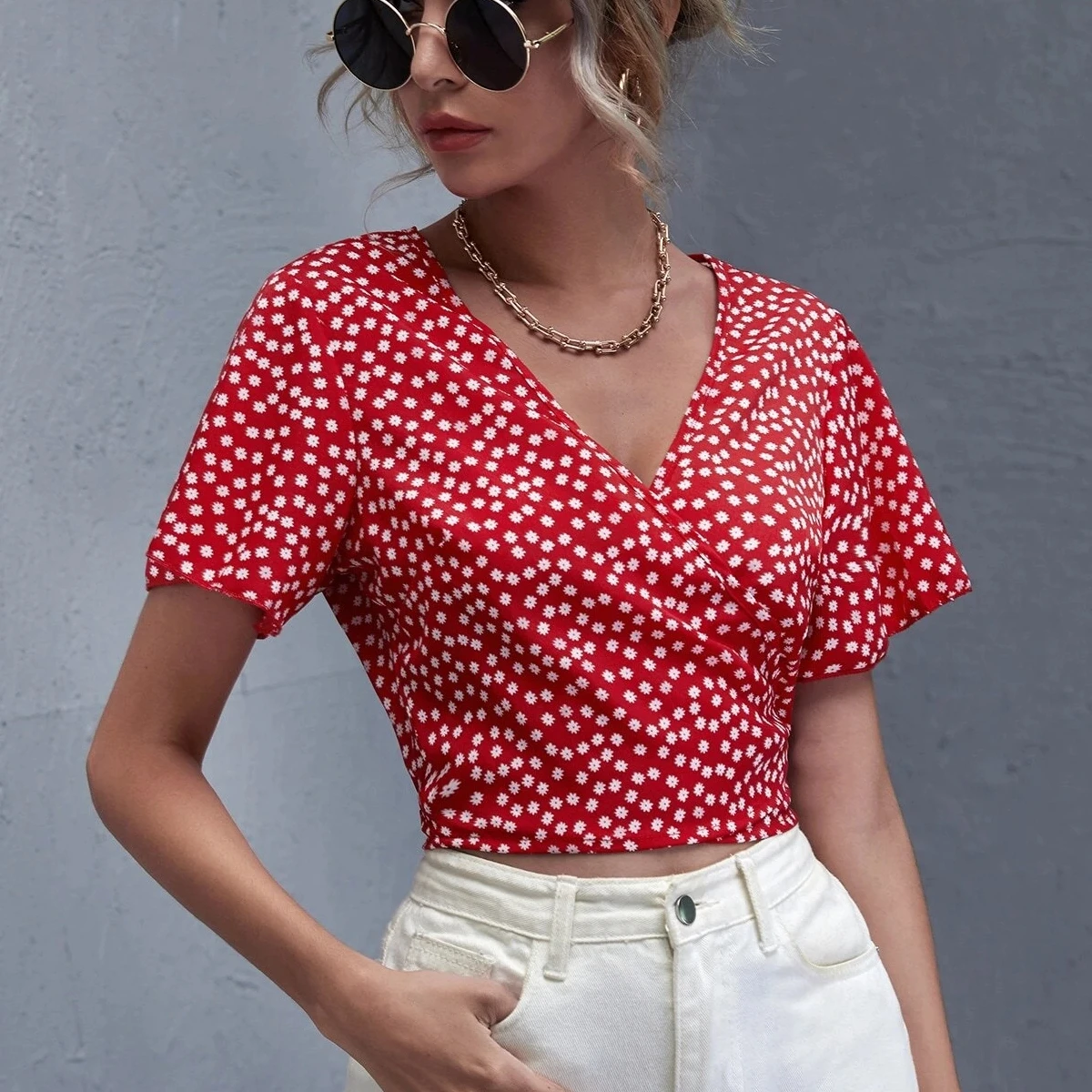 

Knot Side Ditsy Ladies Casual Floral Womens Blouses 2020 Shirts