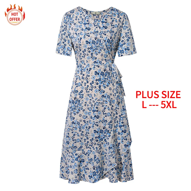 

Hot Sale V-Neck Short Sleeve Stylish Sexy Elegant 100% Polyester Floral Midi Woman's Summer Casual Plus Size Dress, Blue