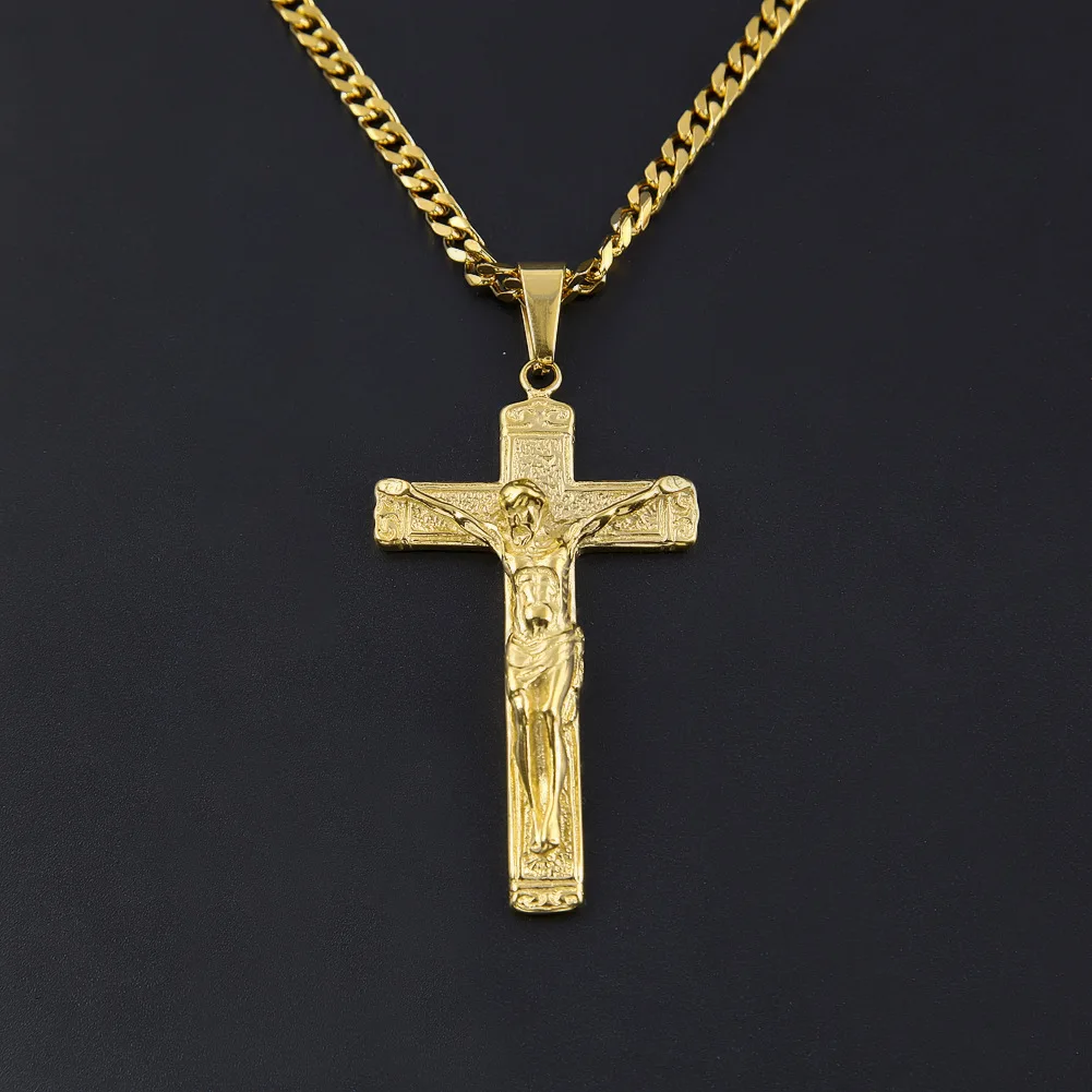 

Jesus Crucifix Cross Pendant Gold Plated Necklace For Christian Religious, Gold color