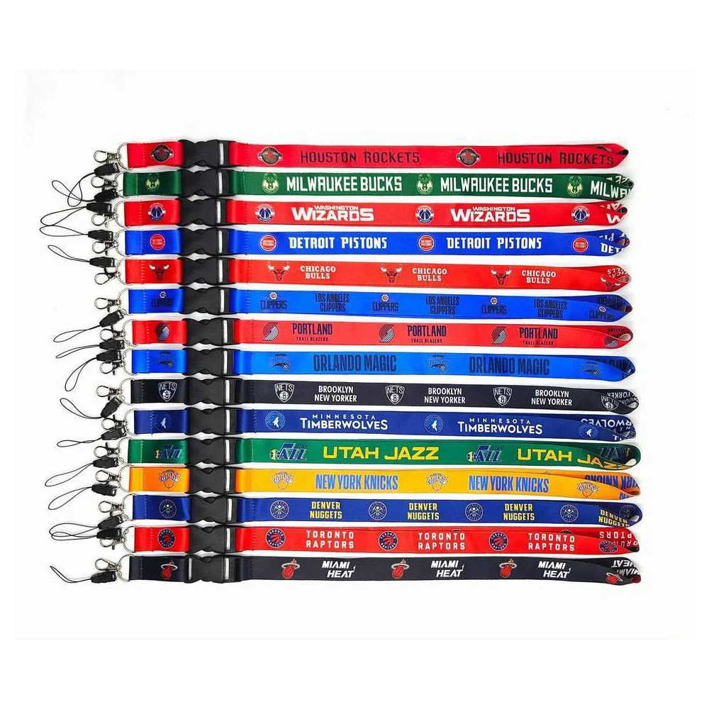 

100% Real Factory Custom Wholesale Basketball Team Logo Sport Polyester And Wap NBA Club lanyard Keychain Neck Strap Key Chain