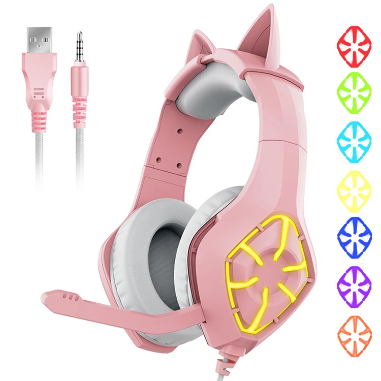 

HOT Wired RGB Gaming Headset Headphone Over Game Headset Pink Cat Ear Headphones