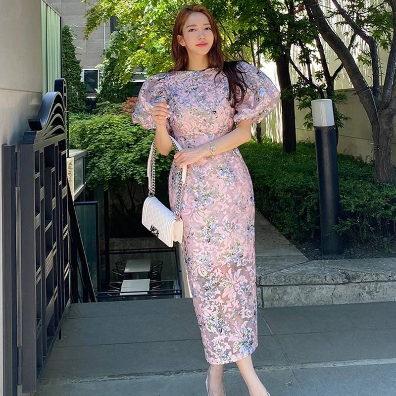 

In stock sales 2021 new woman clothes wholesale fashion apparel elegant floral casual dresses Korean style slim evening dresses, Picture color