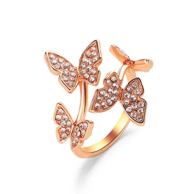 

R-0067 Fashion High Quality Diamond Butterfly Rings Trendy Elegant Open Ring Female Models Adjustable Rings Jewelry Women, Sliver , rose gold