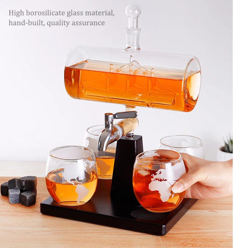 Alcohol Gift Sailing Ship Set Glass Whiskey Wine Liqior Decater With Stainless Steel Spigot