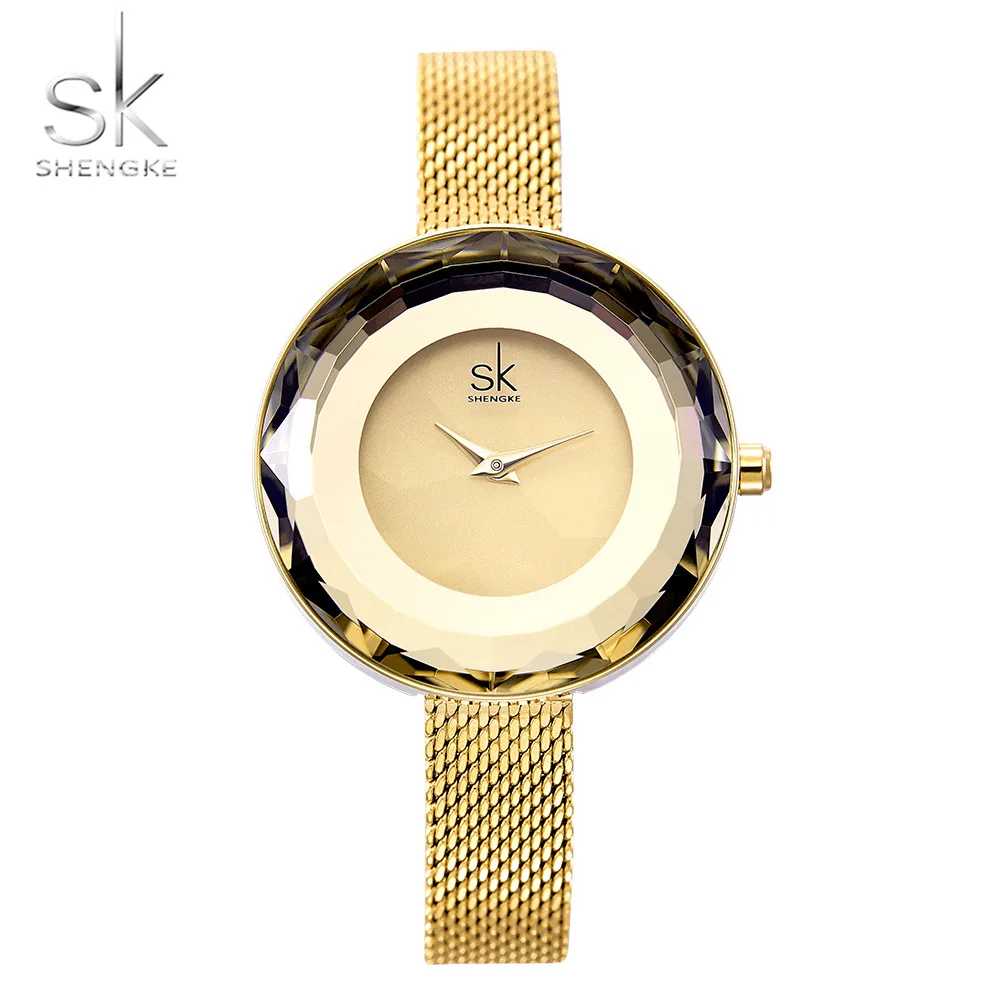 

SHENGKE Fashion Gorgeous Lady Wristwatch Milanese Stainless Steel Mesh Band Special Batch Glass Watches K0100L, Golden/support custom color