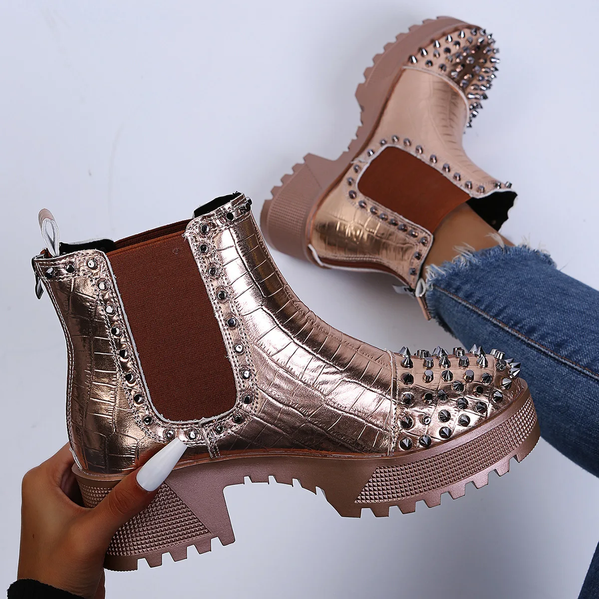 

2022 autumn and winter women's boots slide thick-heel Martin boots mid-heel rivet short boots