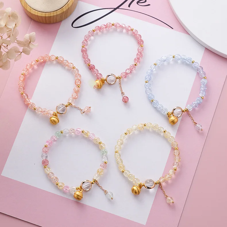 

New Sweet Crystal Beads Small Bell Charm Bracelet For Girls Hands Jewelry Birthday Gifts Fashion Bracelets Bangles (KB8296), As picture