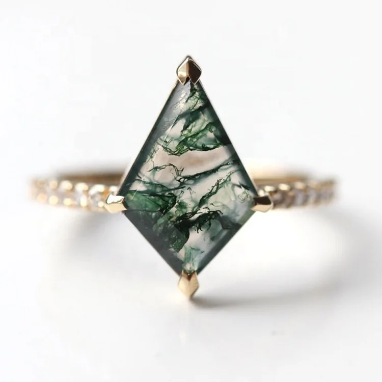 

Boho gemstone ring sterling silver cubic zirconia natural green moss agate ring LYR0771