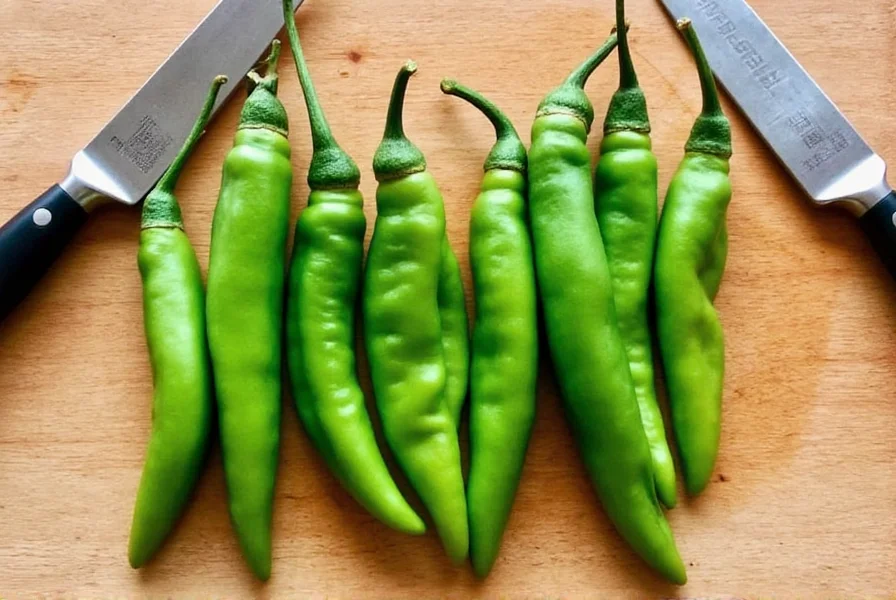 Freshly harvested Stokes Green Chili peppers arranged on a wooden cutting board with kitchen tools