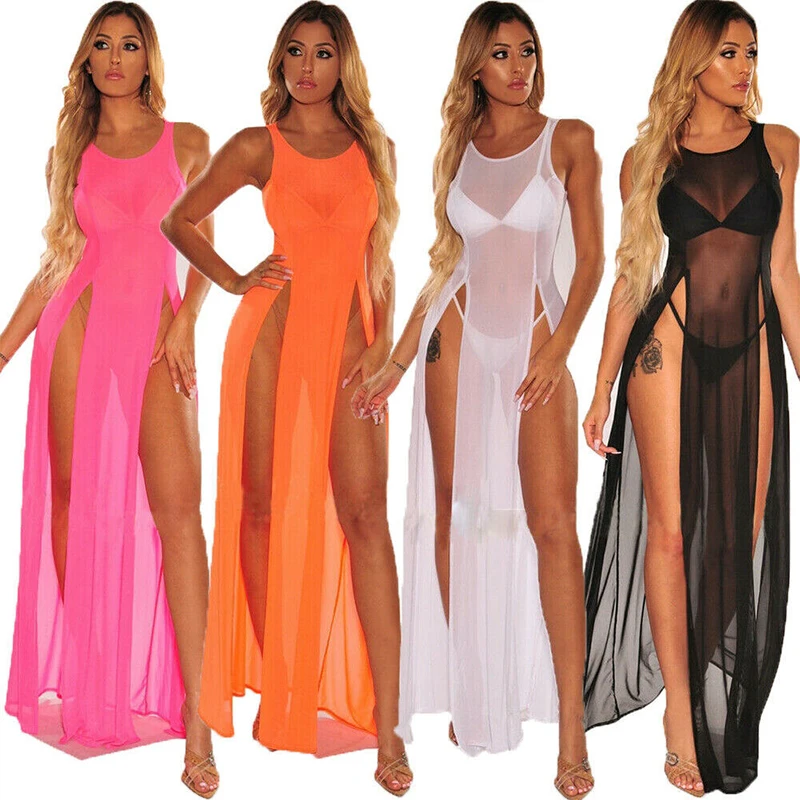 

Latest fashion one piece mesh sexy beach dress side slit see through sexy nightdress 4 colors erotic sleepwear