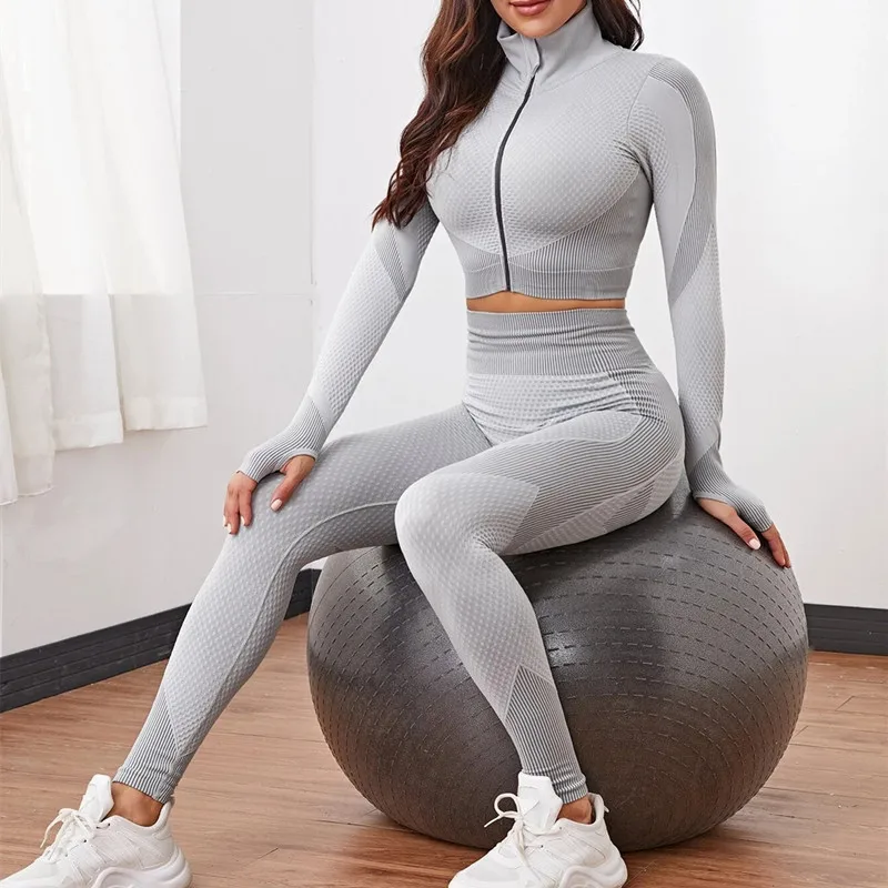 

New design front zipper long sleeve bra and pants women sports set fitness running quick dry 2 piece top jacket set yoga wear, 5 colors