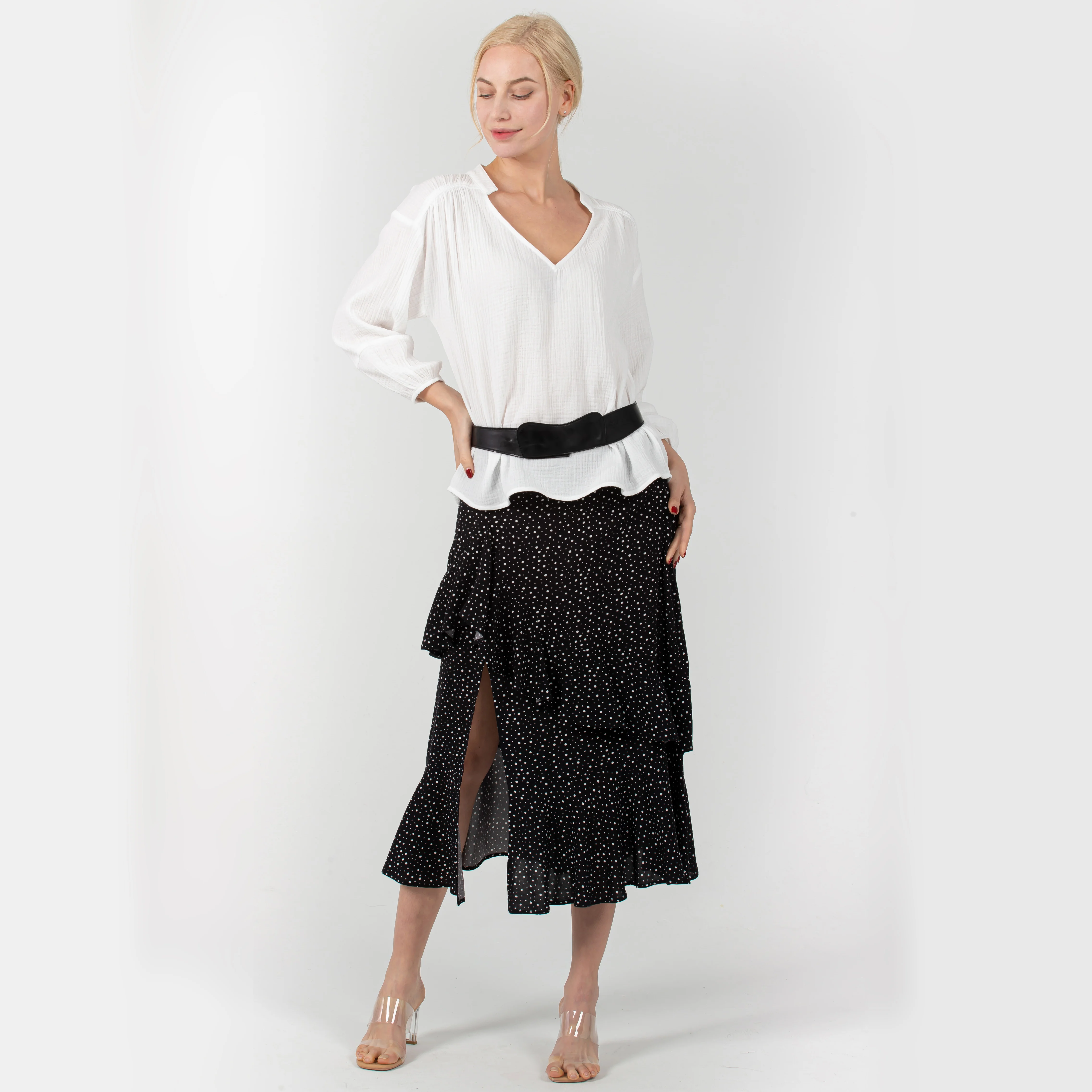 

Ladies Spring Fashion V Neck Long Sleeve Ladies Cotton White Tops Shirt Blouses for Women
