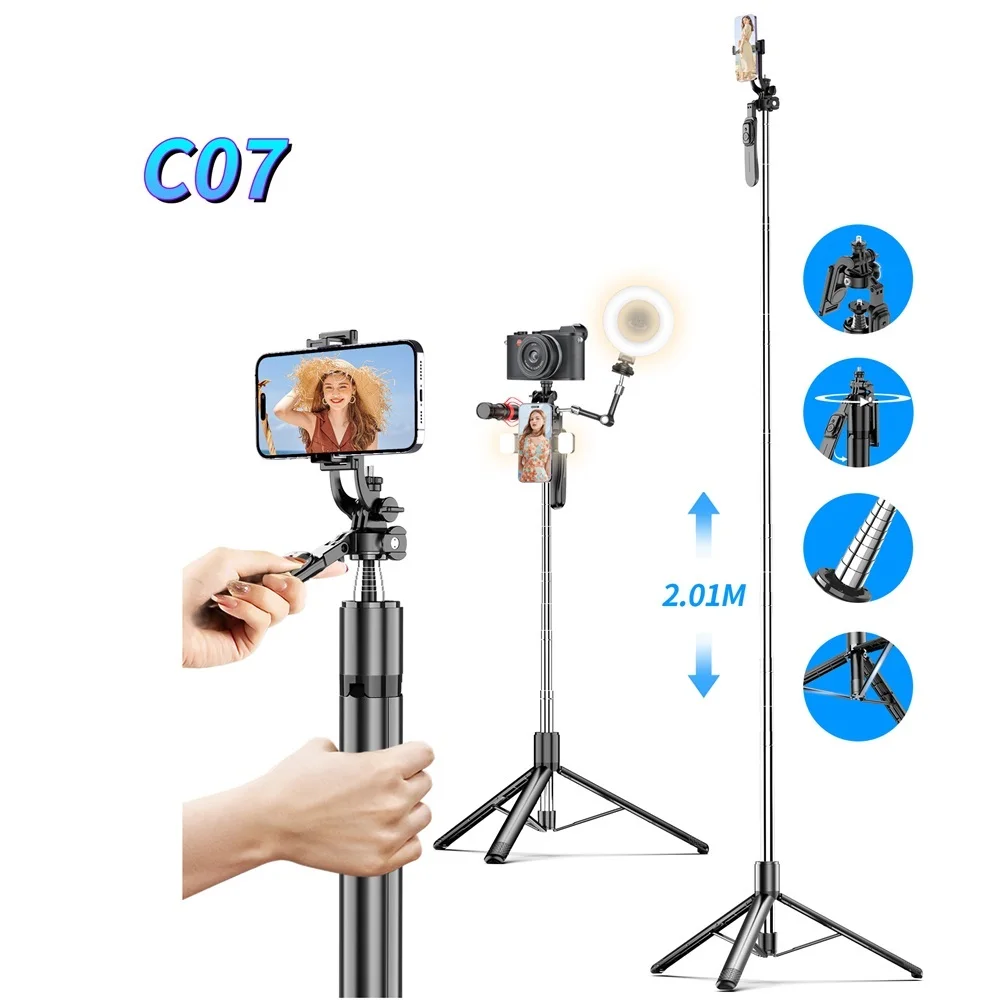2023 Oct New C07 2 Meter Extra Long Stainless Steel Cellphone Selfistik Smart Telescopic Palito Selfie Stick with Stand