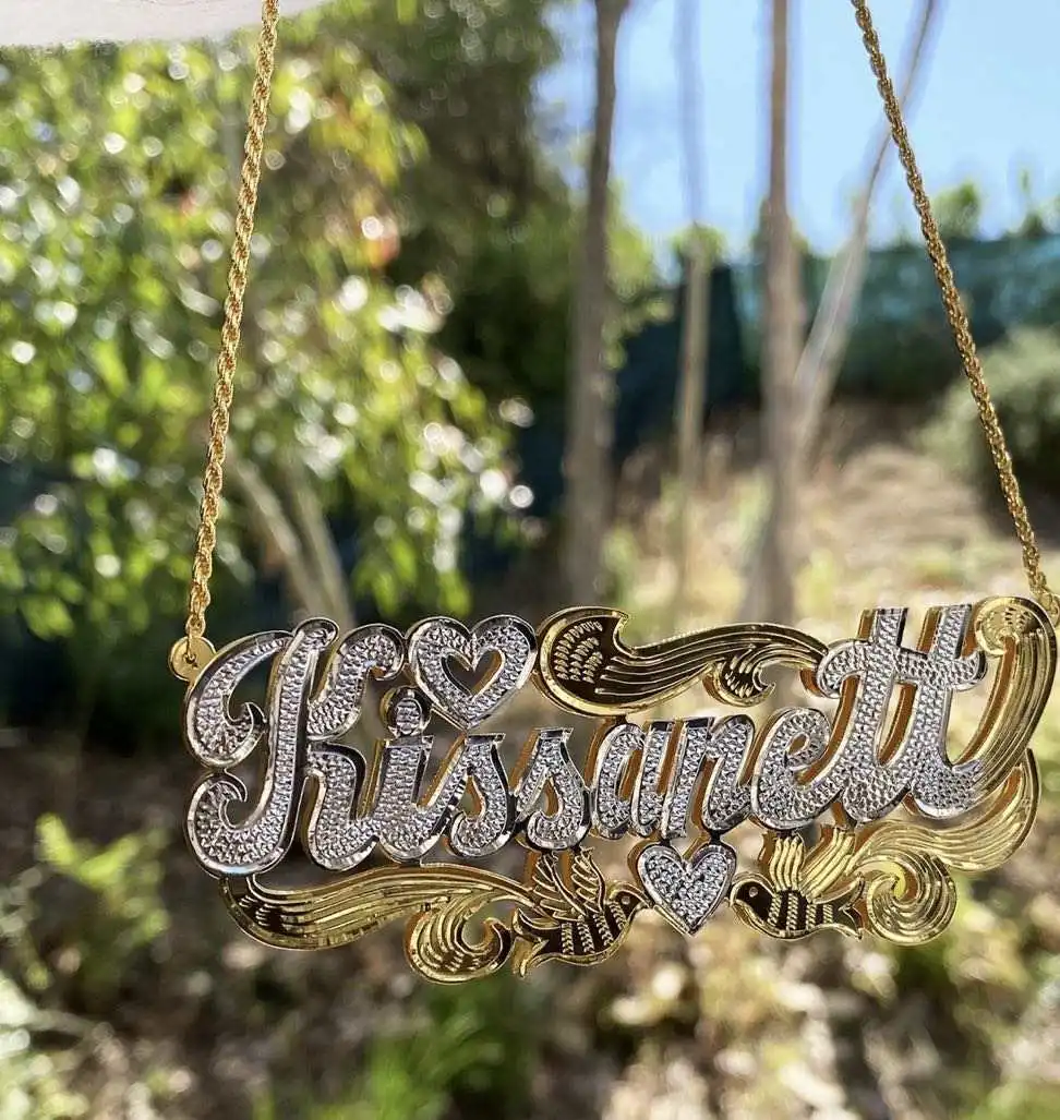

Custom any name jewelry 14K plated Two Tone Gold Personalized Double Plate 3D Name Necklace, Gold, silver, rose gold