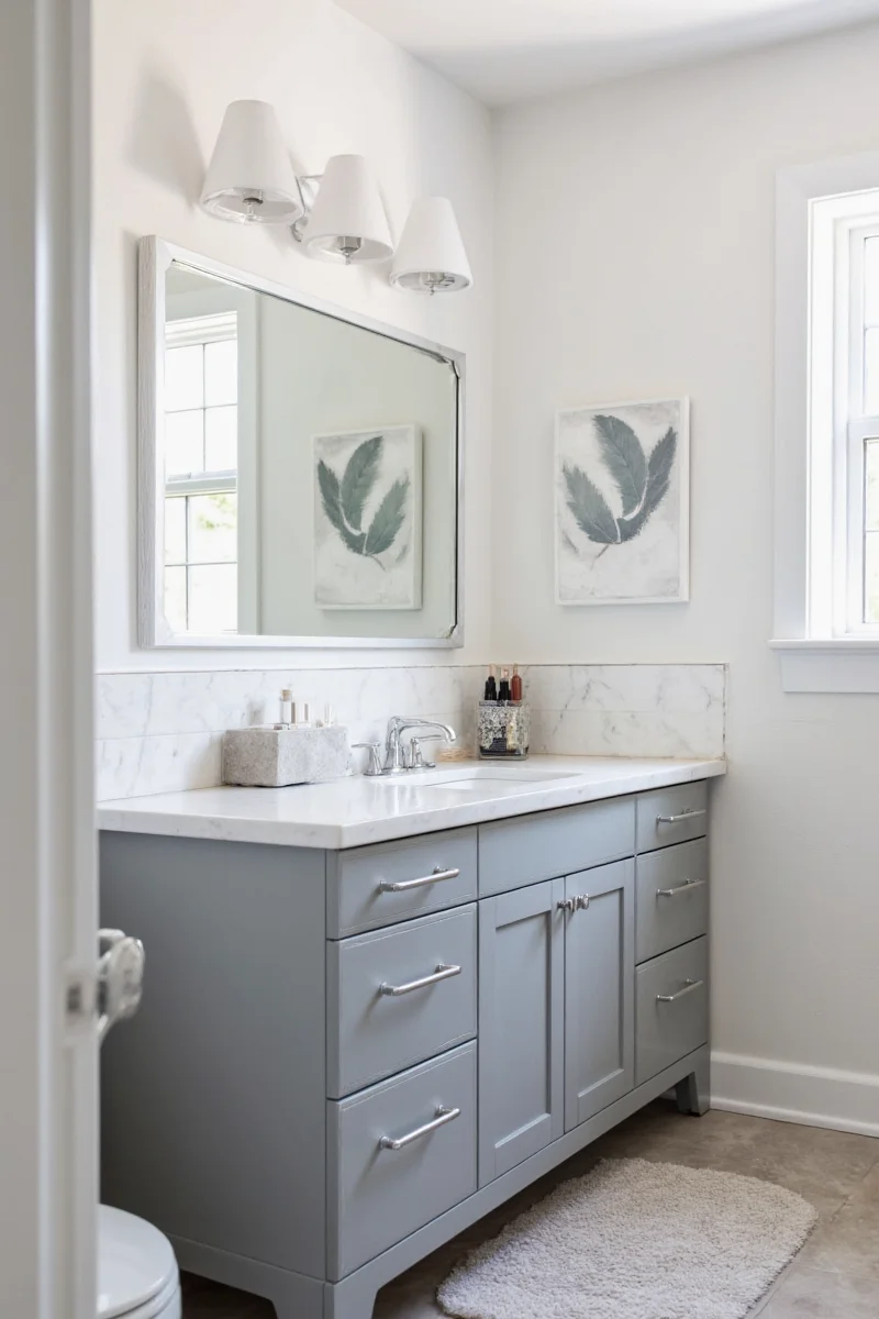 Gray vanity with colorful accessories