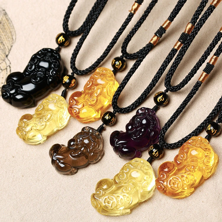 

New Design Feng Shui Lucky Citrine Crystal Necklace Pixiu Black Obsidian Necklace, Picture