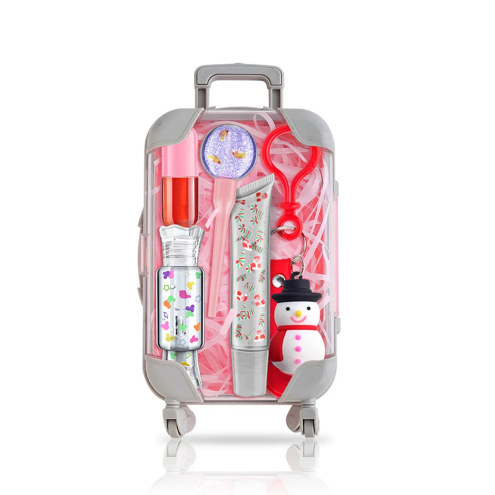 

Christmas Lip Care Set Cute Private Label Mini Keychain 4 Colors Trolley Case Hanging With Girls Lip Gloss