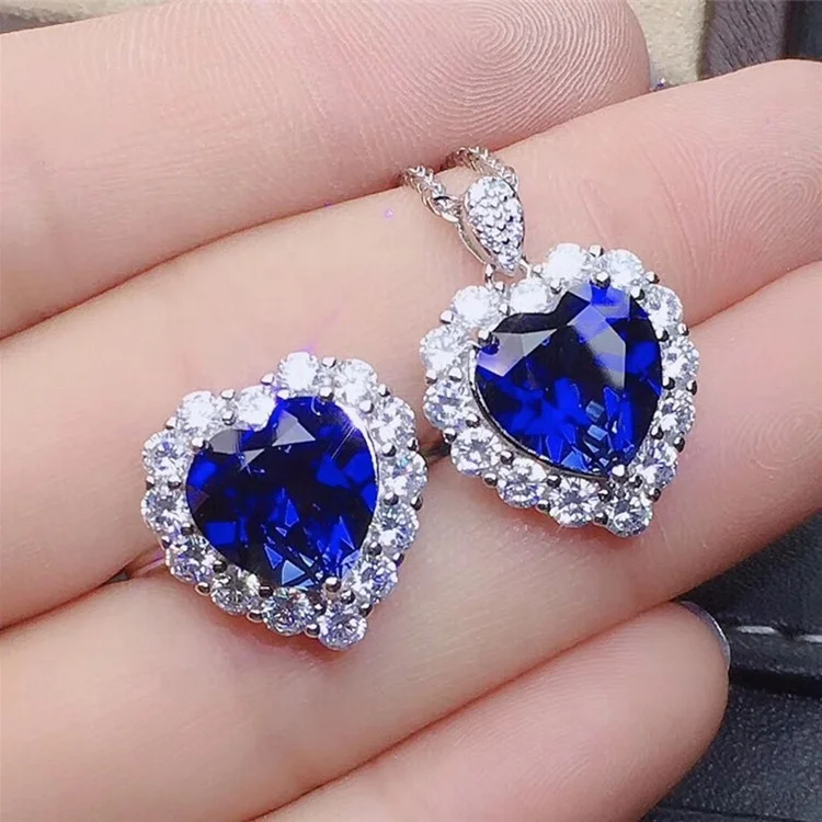 

Heart Love Sapphire Necklace Jewelry Sets For Women Chain With Pendants Adjustable Ring Wedding Engagement, Picture shows