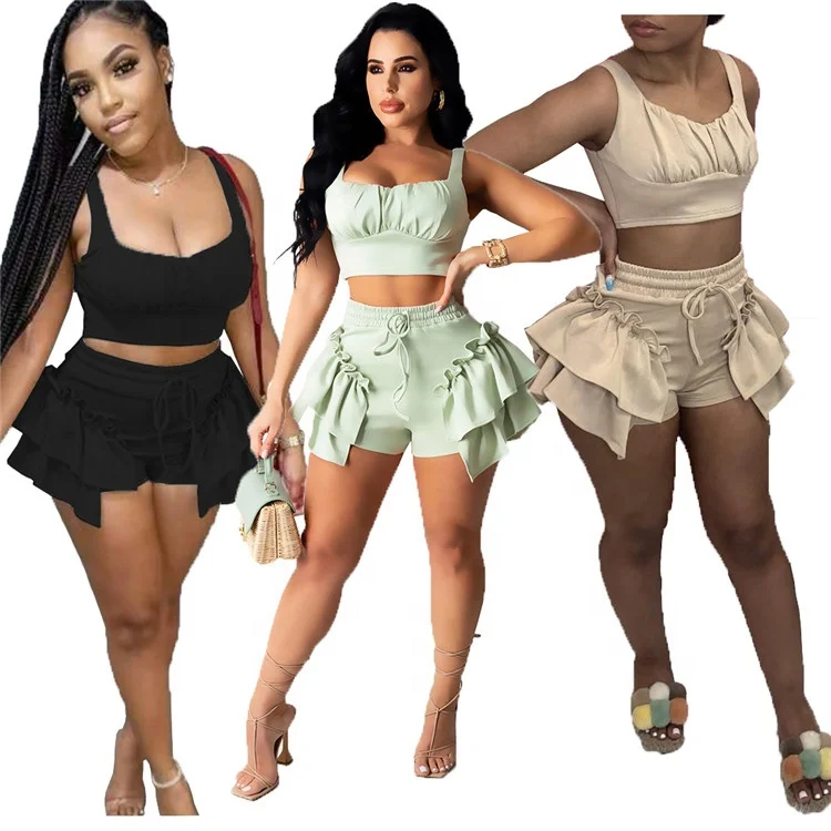 

2021 Sexy Ladies Beach Outfit Crop Tank Tops Ruffles Drawstring Shorts Summer Women 2 Piece Set, Picture shown