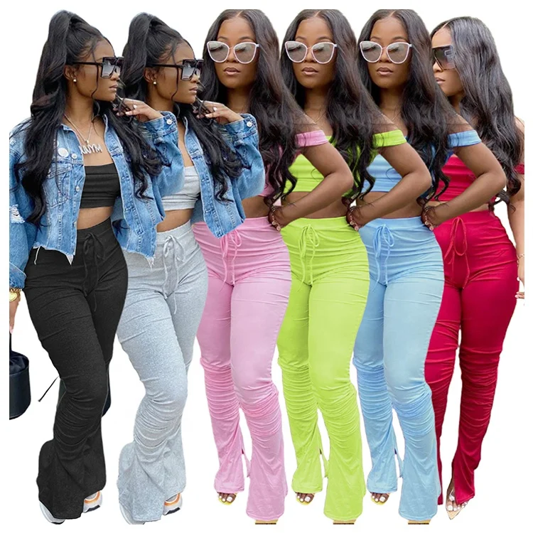 

Sexy Clubwear Off Shoulder Solid Ruched Leggings Outfits Women Stacked Pants Two Piece Set, Multiple colors to choose