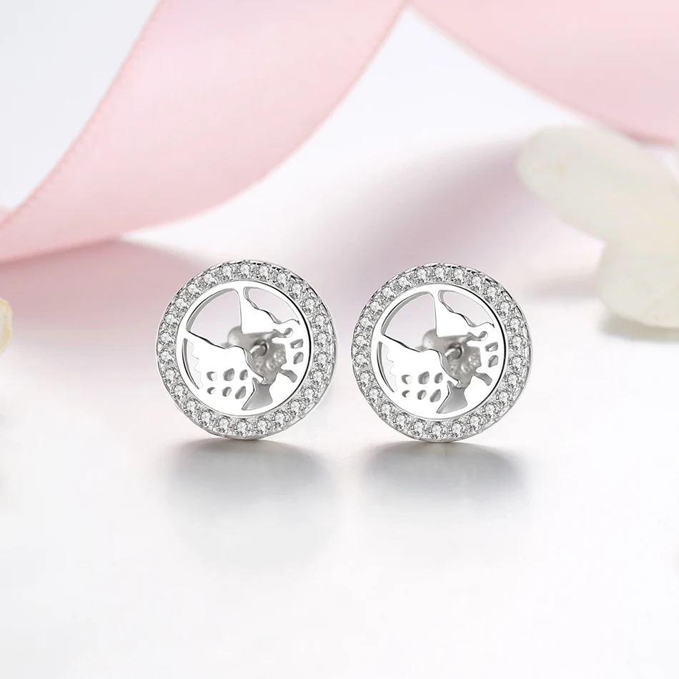 

Top Selling 925 Sterling Silver Earrings With Cubic Zirconia World Map Stud Earrings For Woman silver stud earring, Custom made